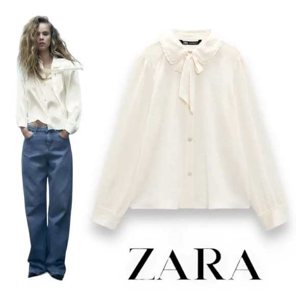 Zara Tops - ZARA | Ecru | BUTTONED TIED BLOUSE